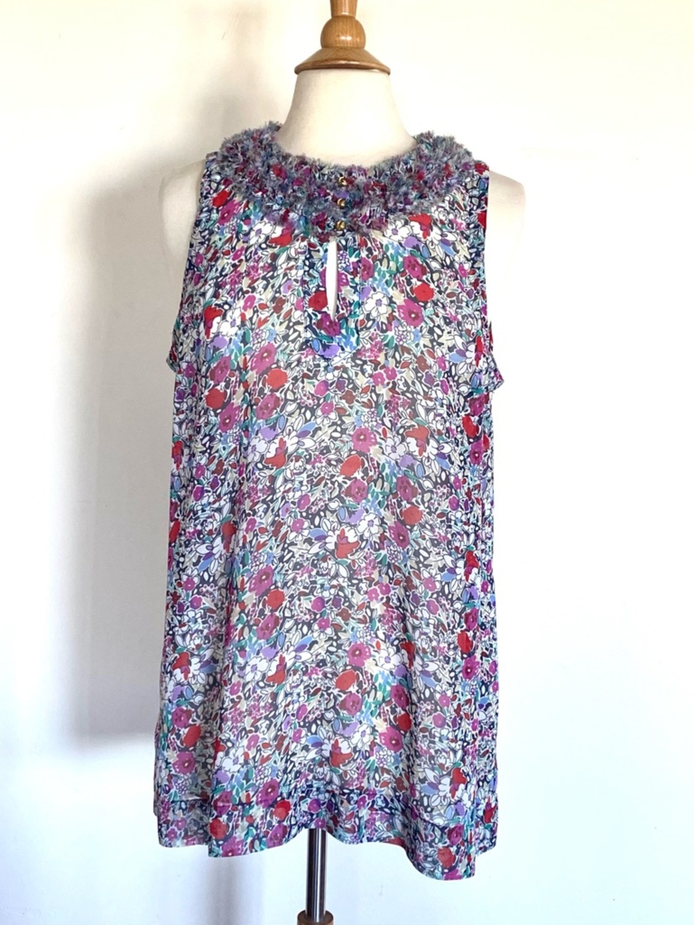 CAbi Floral Sleeveless Tank Top with Textured Collar - Pink, Purple, Blue Large